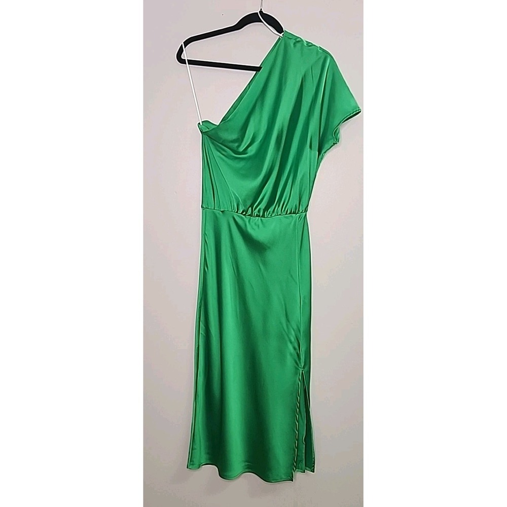 RENEE C. Womens Small One Shoulder Kelly Green Scarf Satin Maxi Dress Sexy
